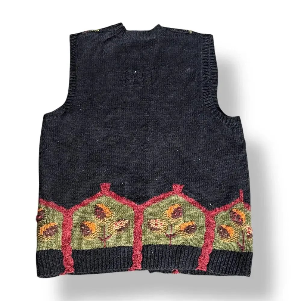 Vintage Marisa Christina Hand Knit Chunky Black Leaf Sweater Vest Black Autumn